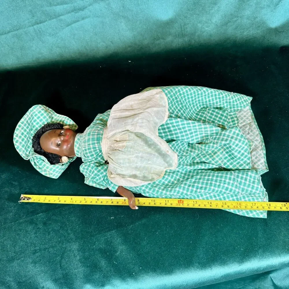 Vintage Handmade African American Doll Folk Art Decor Green Gingham Dress